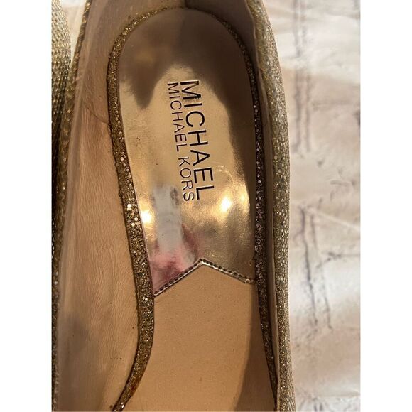 Michael Kors Size 8.5 Gold Sparkle Glitter Platform Peep Toe Pump Heels Bridal - Picture 7 of 16